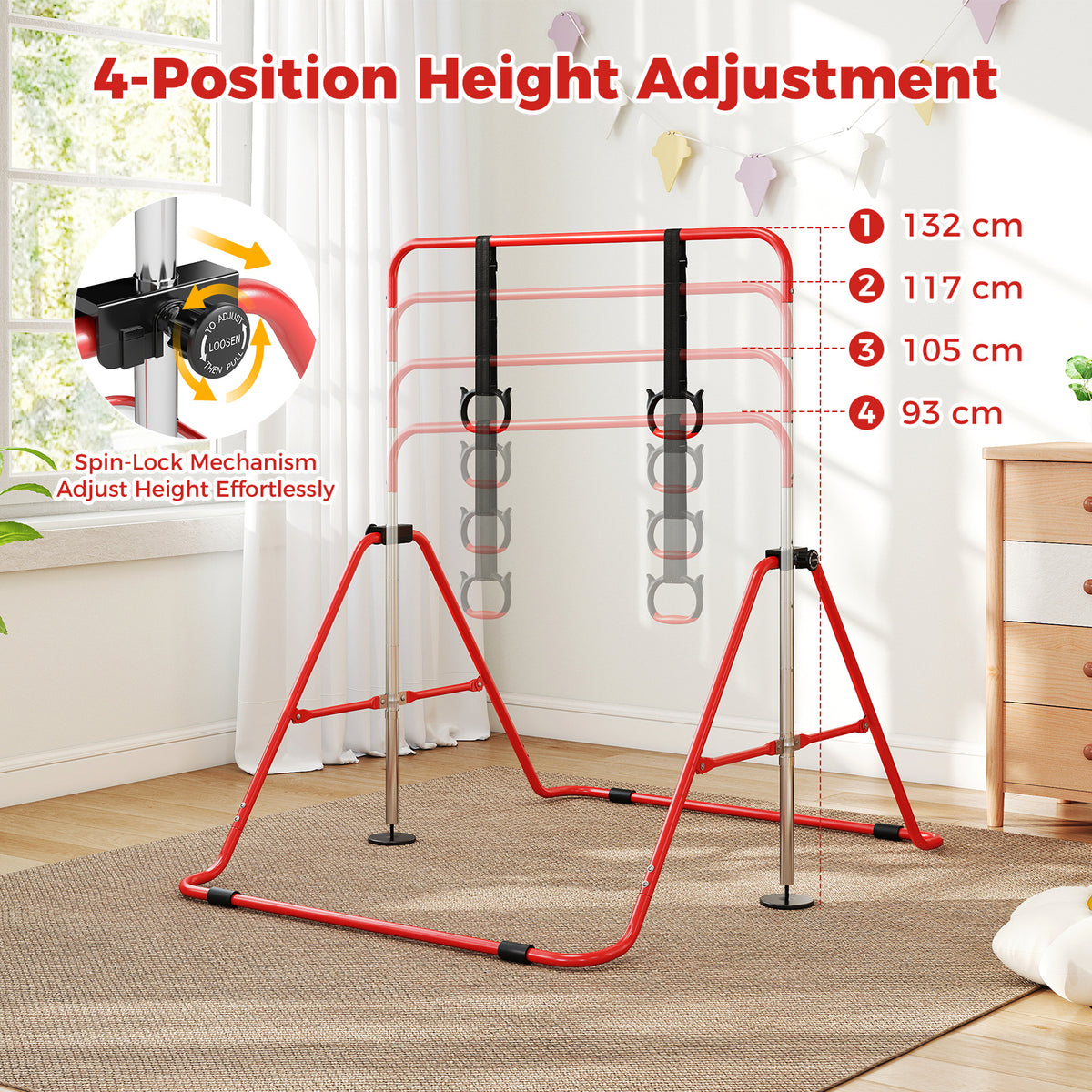 Kids Gymnastic Horizontal Bar 4 Heights with Rings | Red