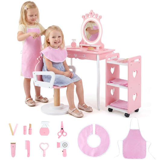 Pink Kids Hair Salon Play Set | LED Mirror & Swivel Chair