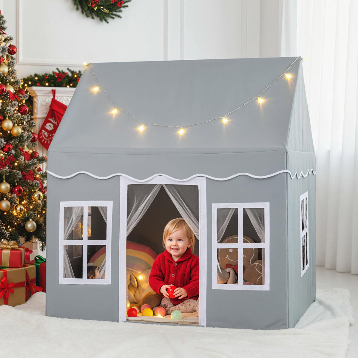 Costway Kids Play Castle Tent Large Playhouse Toys Gifts with Star Lights Washable Mat-Grey