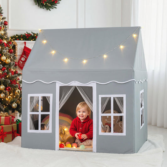 Costway Kids Play Castle Tent Large Playhouse Toys Gifts with Star Lights Washable Mat-Grey