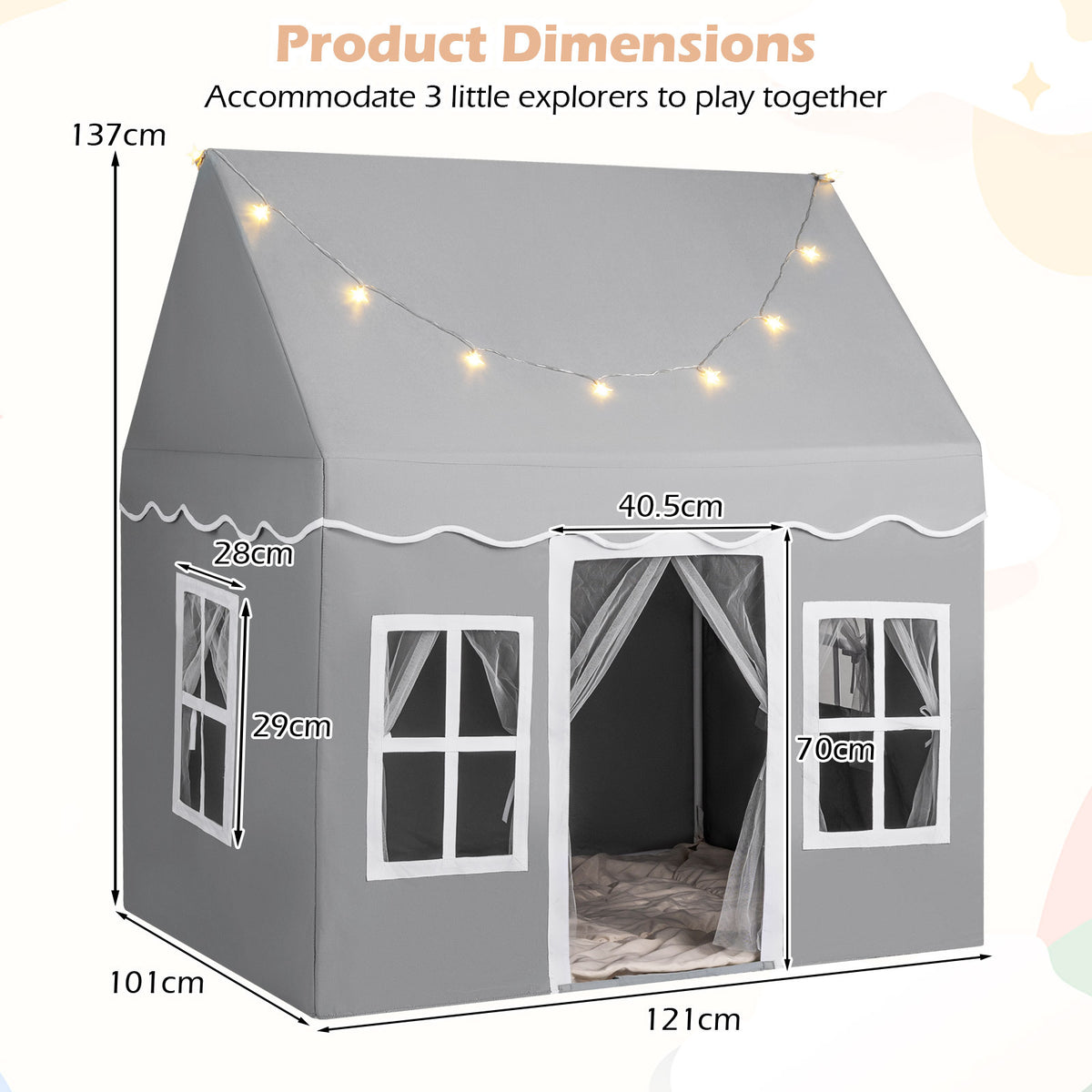 Grey Kids Play Castle Tent | Star Lights & Washable Mat