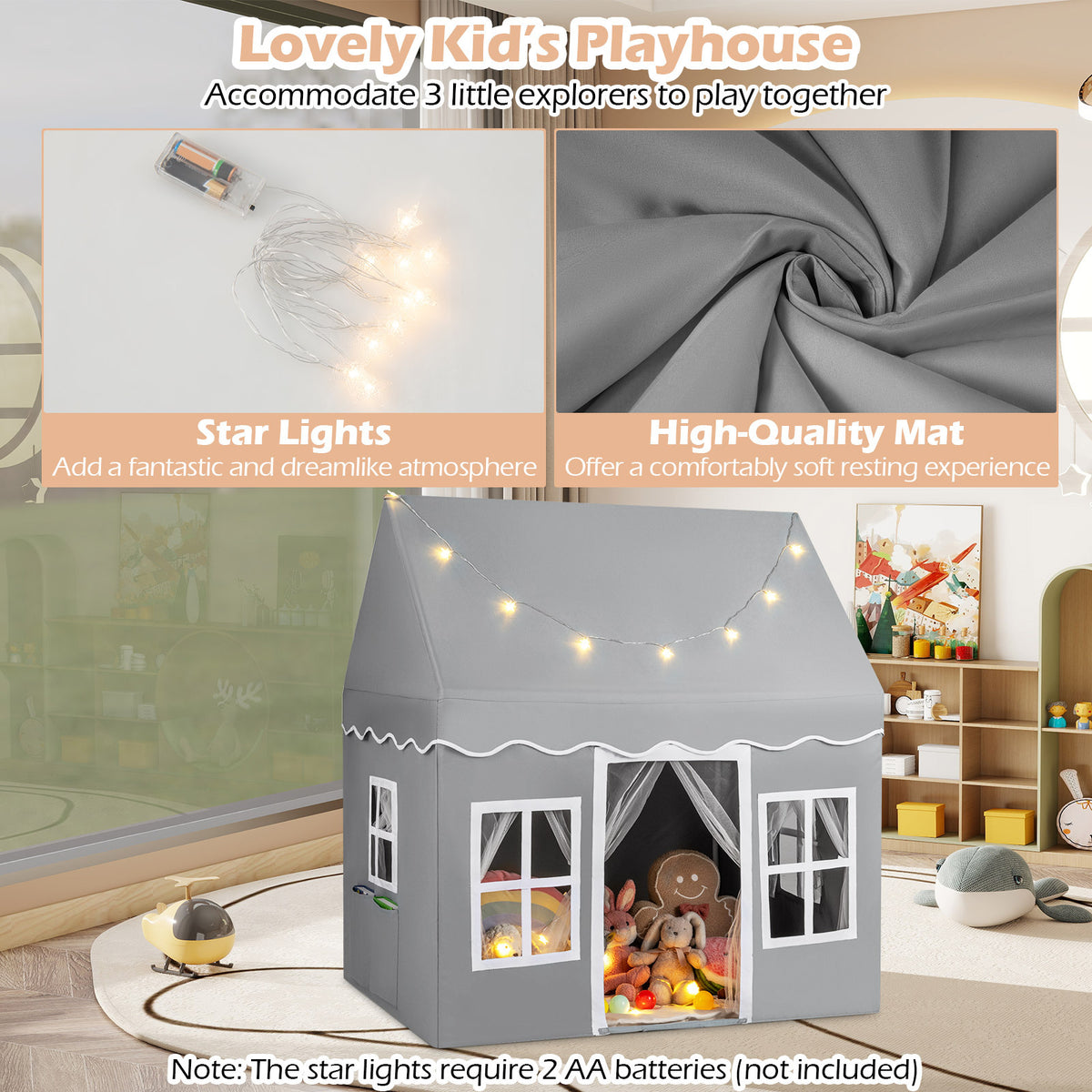 Grey Kids Play Castle Tent | Star Lights & Washable Mat