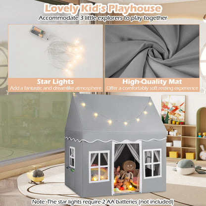 Grey Kids Play Castle Tent | Star Lights & Washable Mat