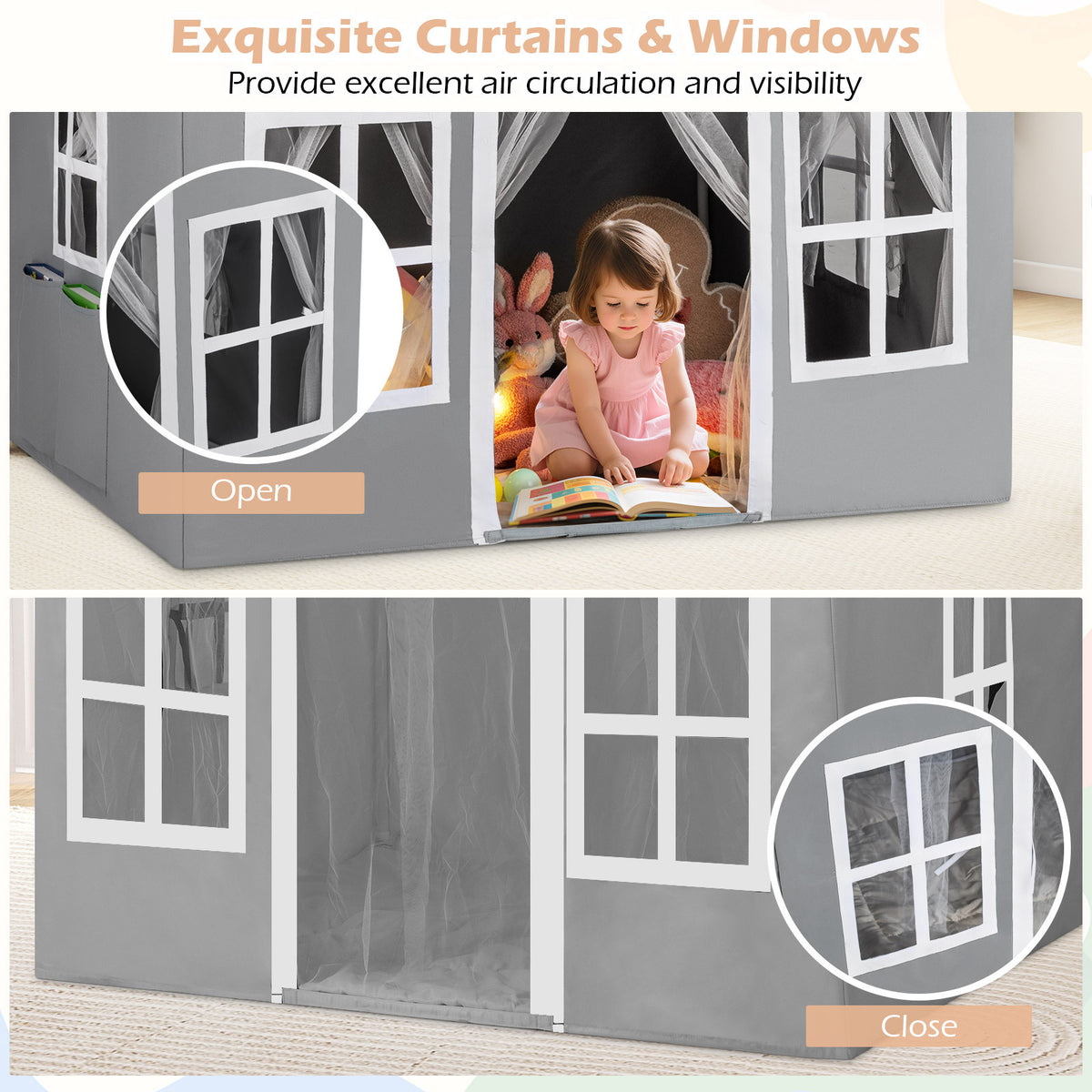 Grey Kids Play Castle Tent | Star Lights & Washable Mat