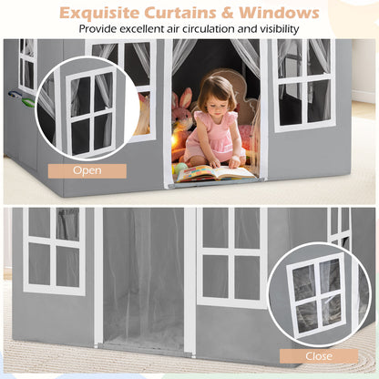 Grey Kids Play Castle Tent | Star Lights & Washable Mat