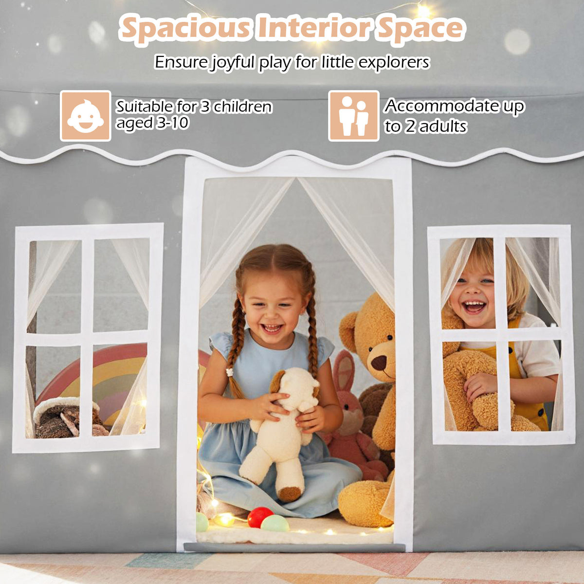 Grey Kids Play Castle Tent | Star Lights & Washable Mat