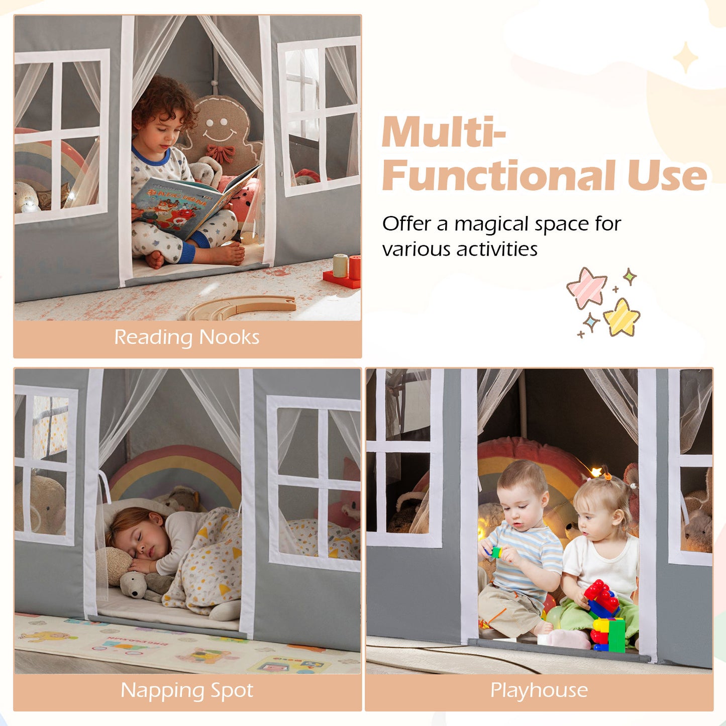 Grey Kids Play Castle Tent | Star Lights & Washable Mat