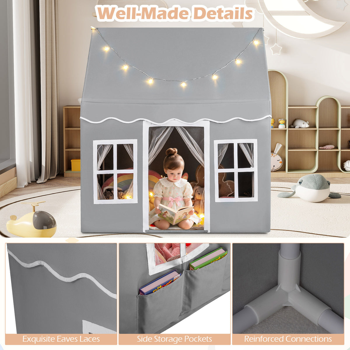 Grey Kids Play Castle Tent | Star Lights & Washable Mat