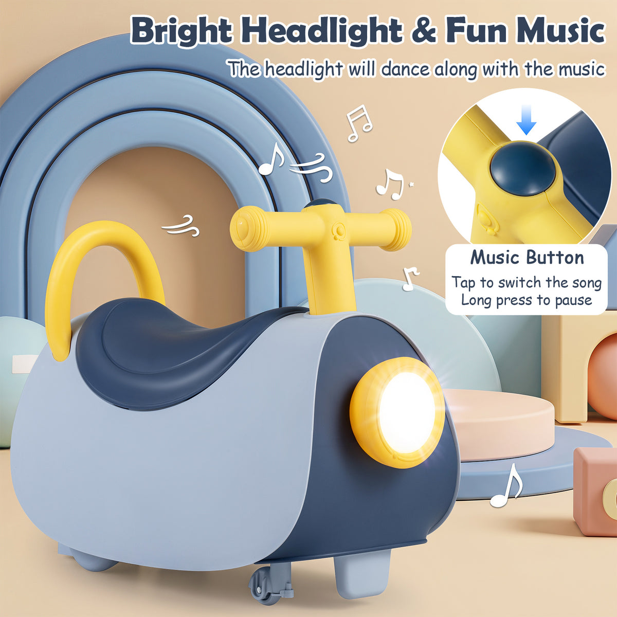 Blue Kids Ride On Push Car | Headlights Music & Storage