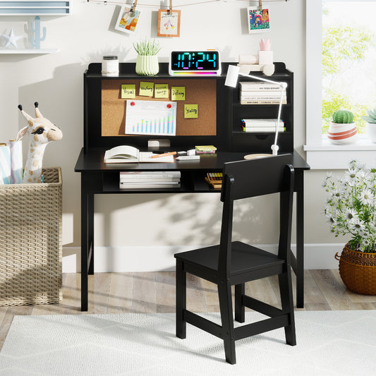 Costway Kids Study Desk and Chair Set Wooden Writing Table with Cork Board and Drawer-Black