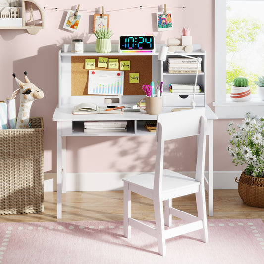 Costway Kids Study Desk and Chair Set Wooden Writing Table with Cork Board and Drawer-White
