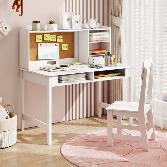 Kids Desk & Chair Set | White Wooden Table with Cork Board