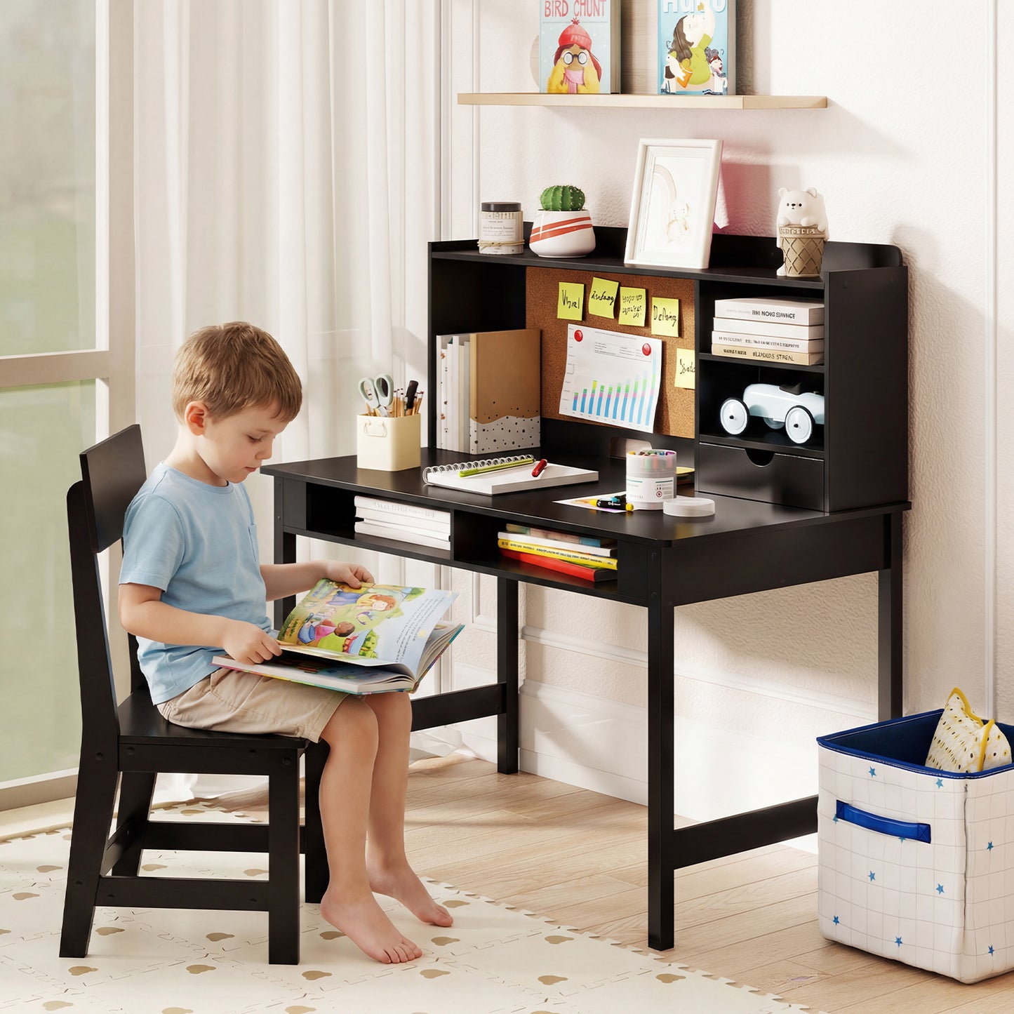 Kids Desk & Chair Set | Cork Board Drawer Storage Black