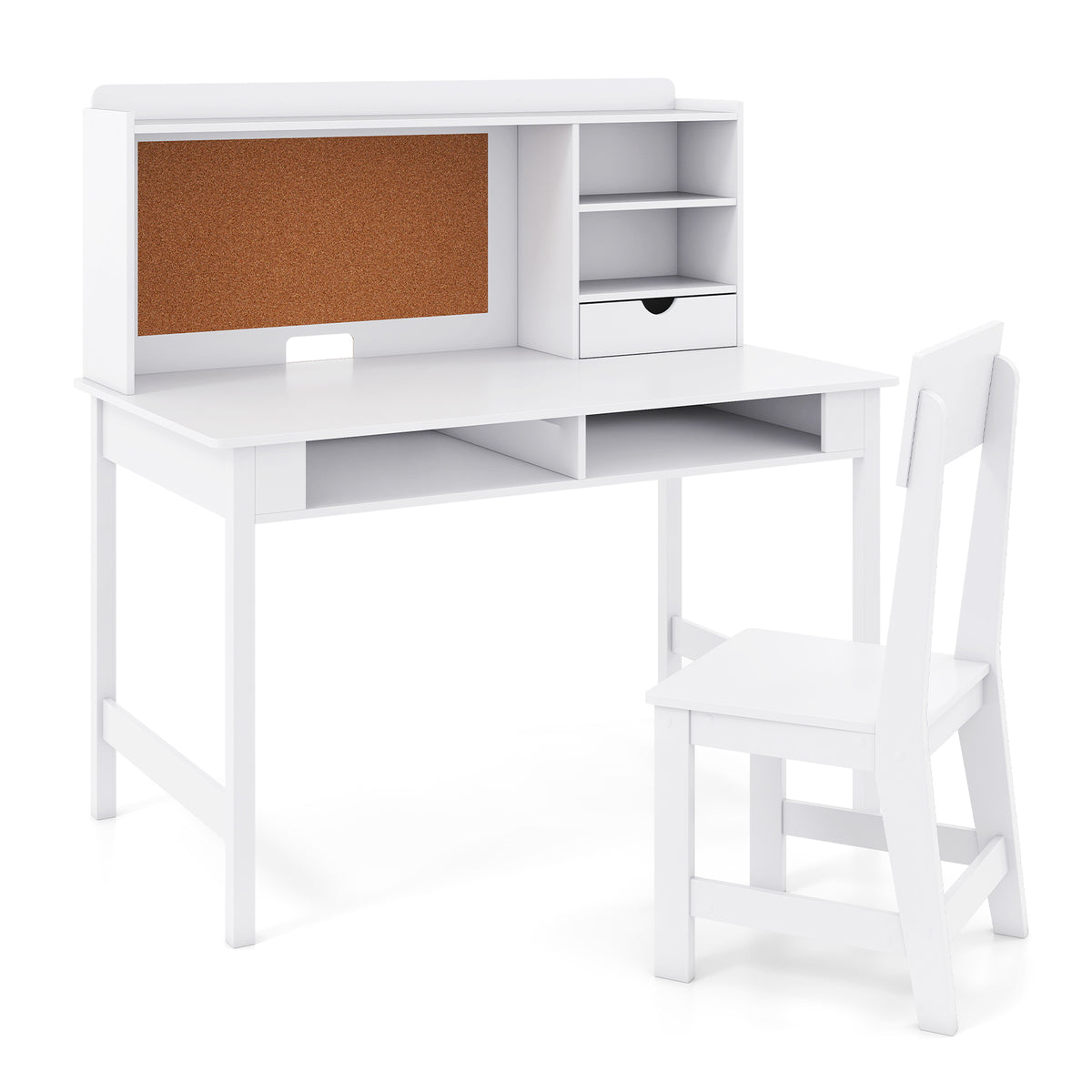 Kids Desk & Chair Set | White Wooden Table with Cork Board