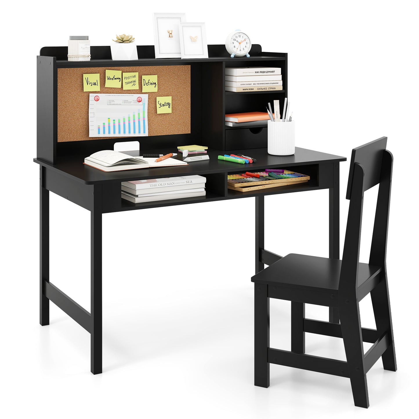 Kids Desk & Chair Set | Cork Board Drawer Storage Black