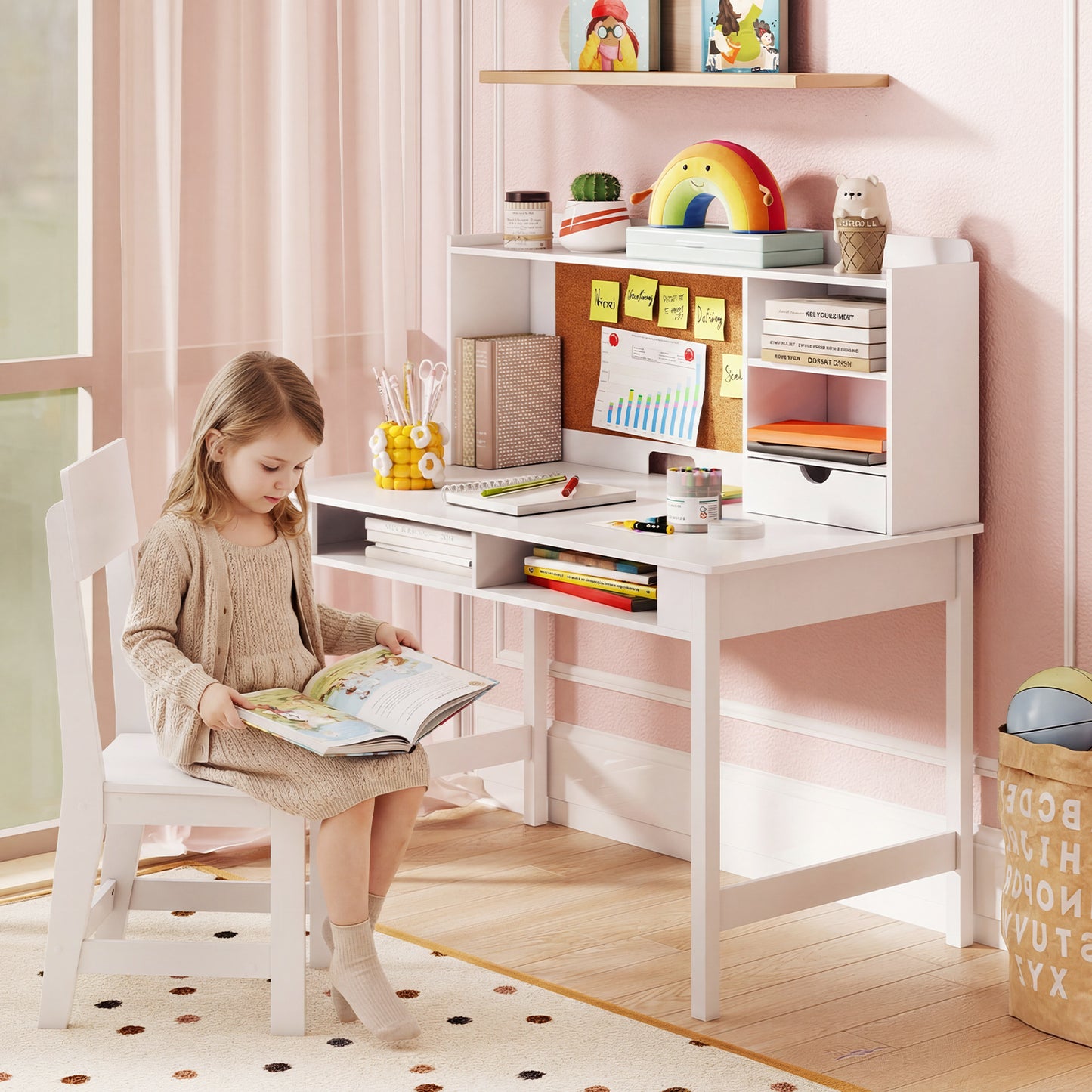 Kids Desk & Chair Set | White Wooden Table with Cork Board