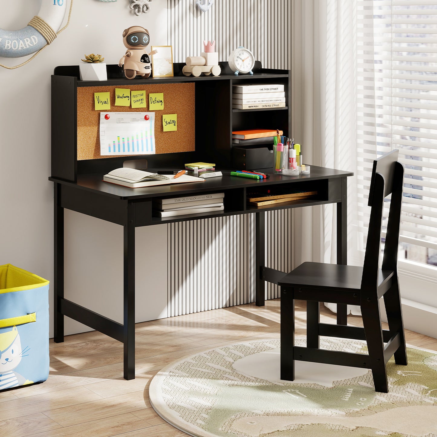 Kids Desk & Chair Set | Cork Board Drawer Storage Black