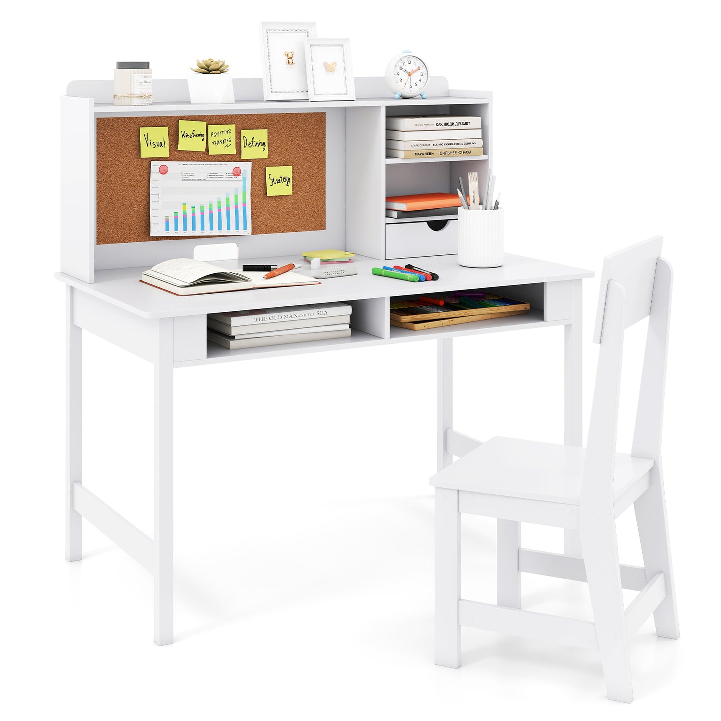 Kids Desk & Chair Set | White Wooden Table with Cork Board