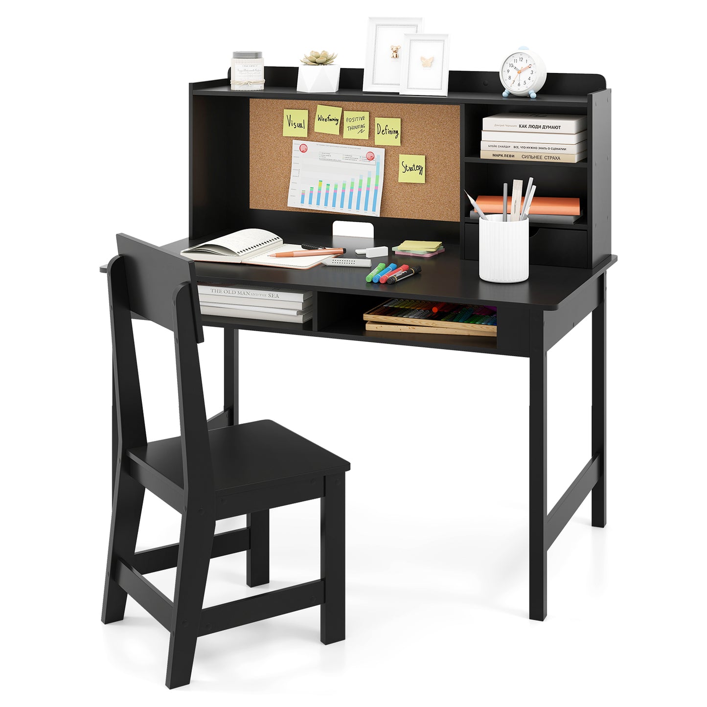 Kids Desk & Chair Set | Cork Board Drawer Storage Black