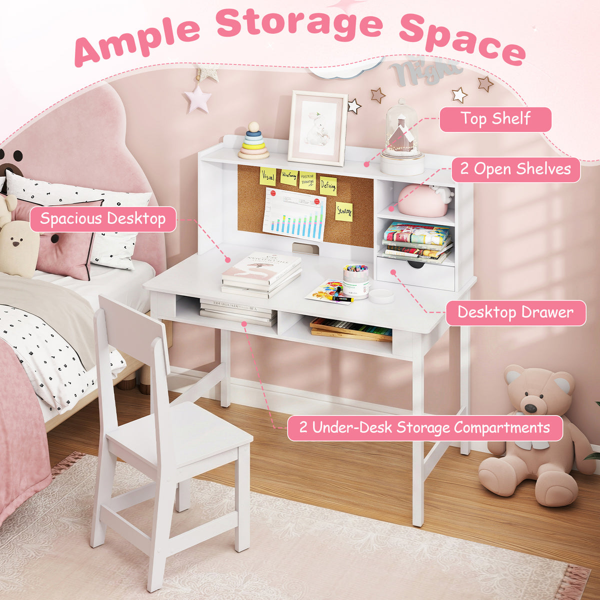 Kids Desk & Chair Set | White Wooden Table with Cork Board