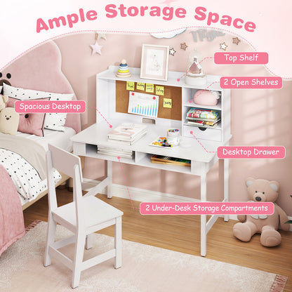 Kids Desk & Chair Set | White Wooden Table with Cork Board