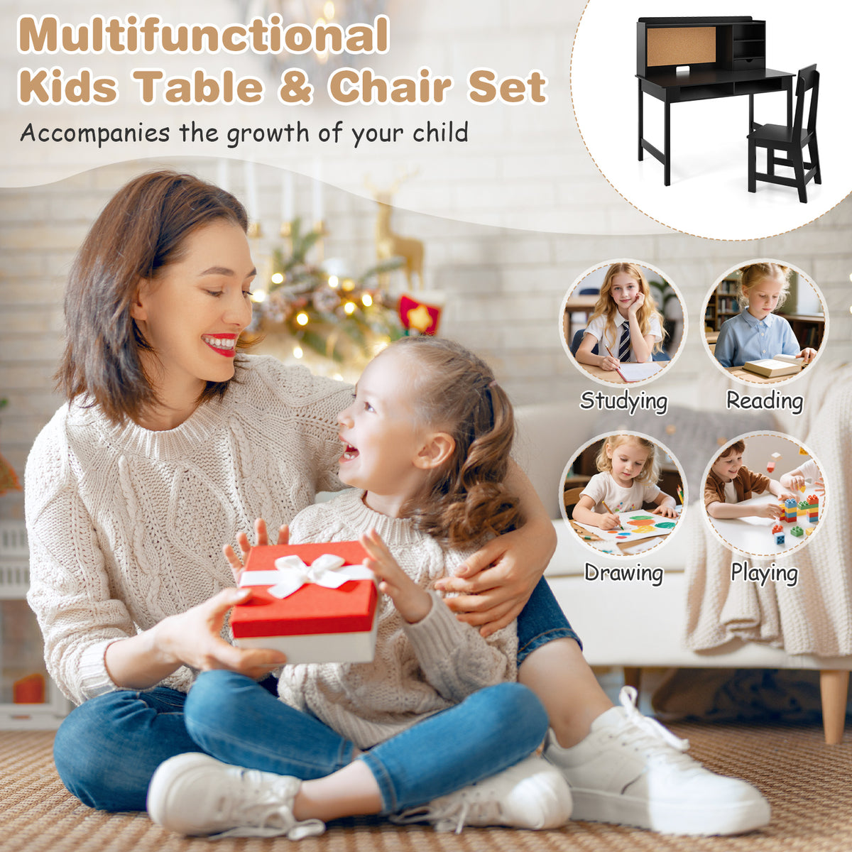 Kids Desk & Chair Set | Cork Board Drawer Storage Black