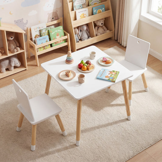 Costway Kids Table and 2 Chairs Set with Pine Wood Legs for Toddlers Play Learn-White
