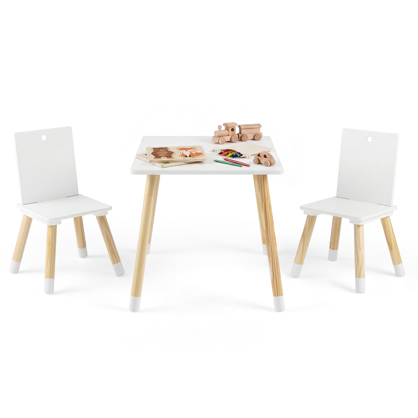 White Kids Table & 2 Chairs Set | Pine Wood Legs for Toddlers
