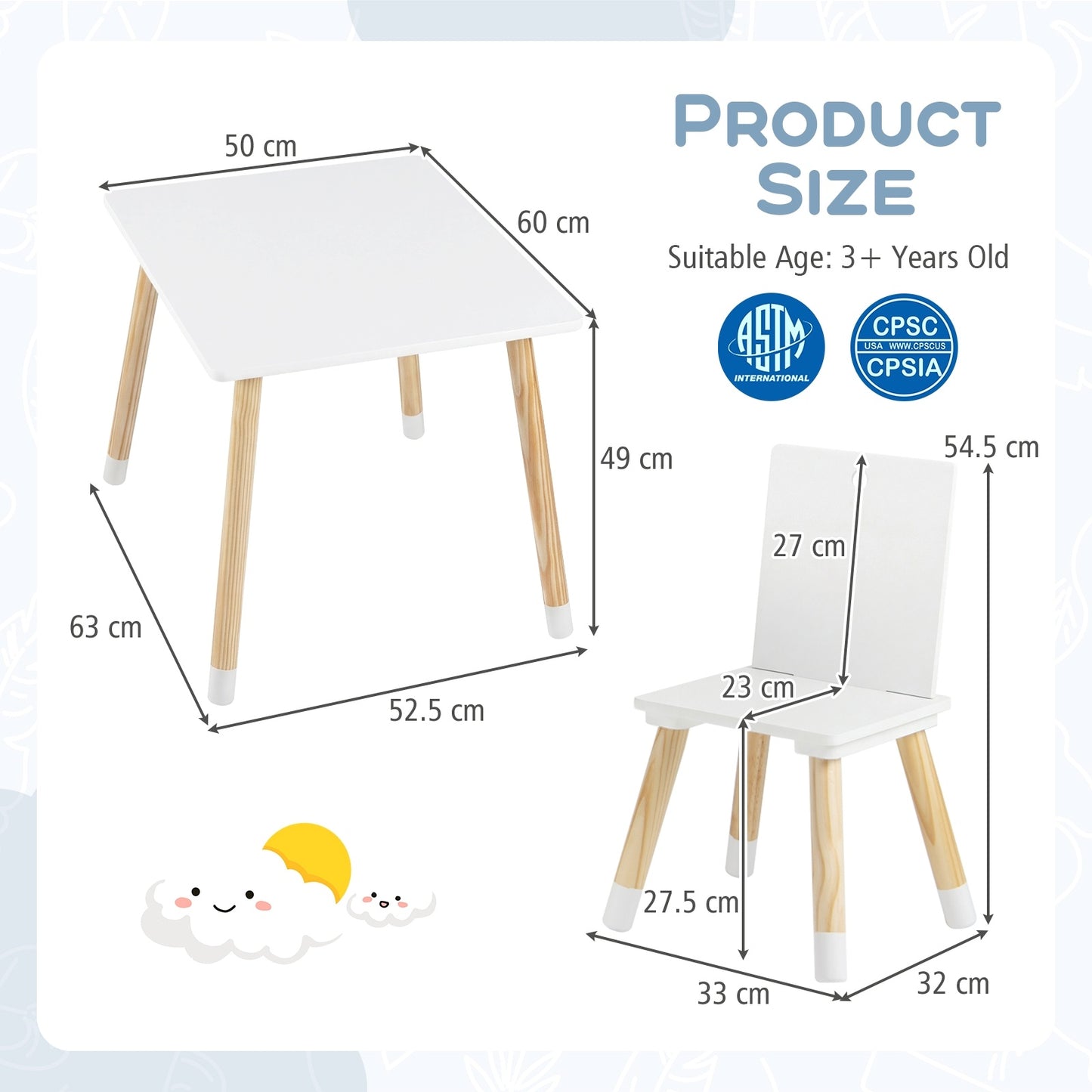 White Kids Table & 2 Chairs Set | Pine Wood Legs for Toddlers