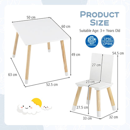 White Kids Table & 2 Chairs Set | Pine Wood Legs for Toddlers