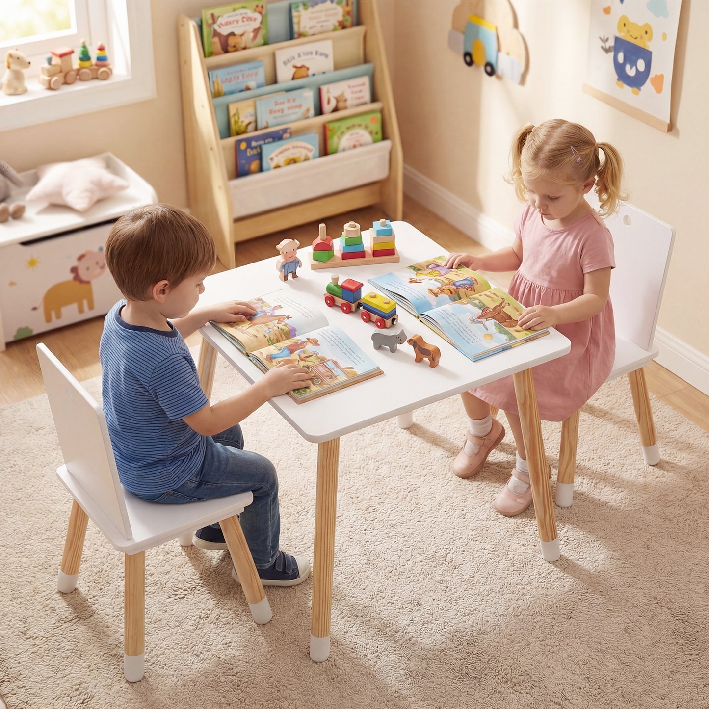 White Kids Table & 2 Chairs Set | Pine Wood Legs for Toddlers
