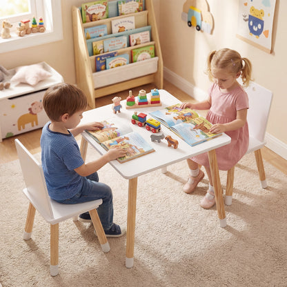 White Kids Table & 2 Chairs Set | Pine Wood Legs for Toddlers