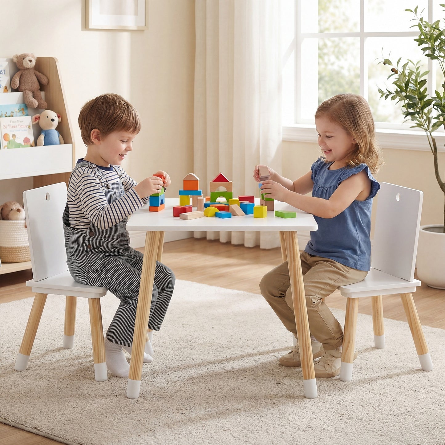White Kids Table & 2 Chairs Set | Pine Wood Legs for Toddlers