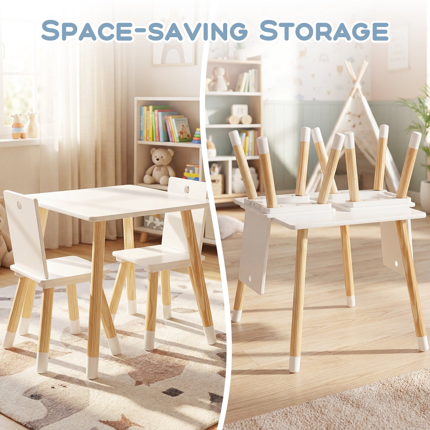 White Kids Table & 2 Chairs Set | Pine Wood Legs for Toddlers