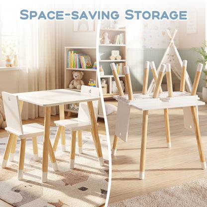 White Kids Table & 2 Chairs Set | Pine Wood Legs for Toddlers
