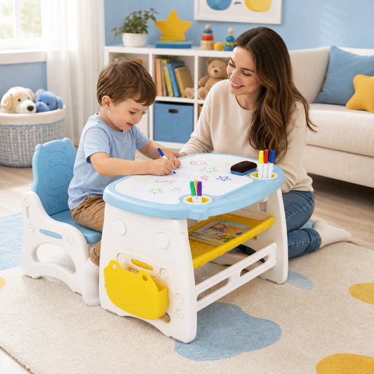 Costway Kids Table and Chair Set with Graffiti Desktop & Storage and Markers Eraser-Blue & White