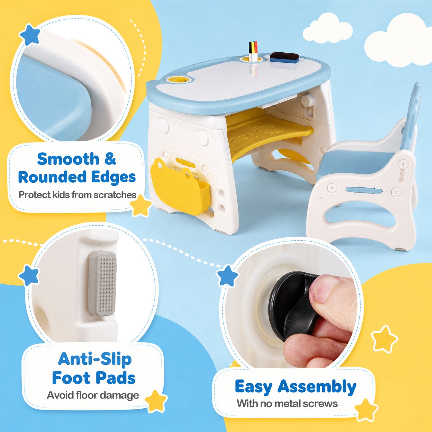 Kids Activity Table & Chair Set | Whiteboard Top Blue & White