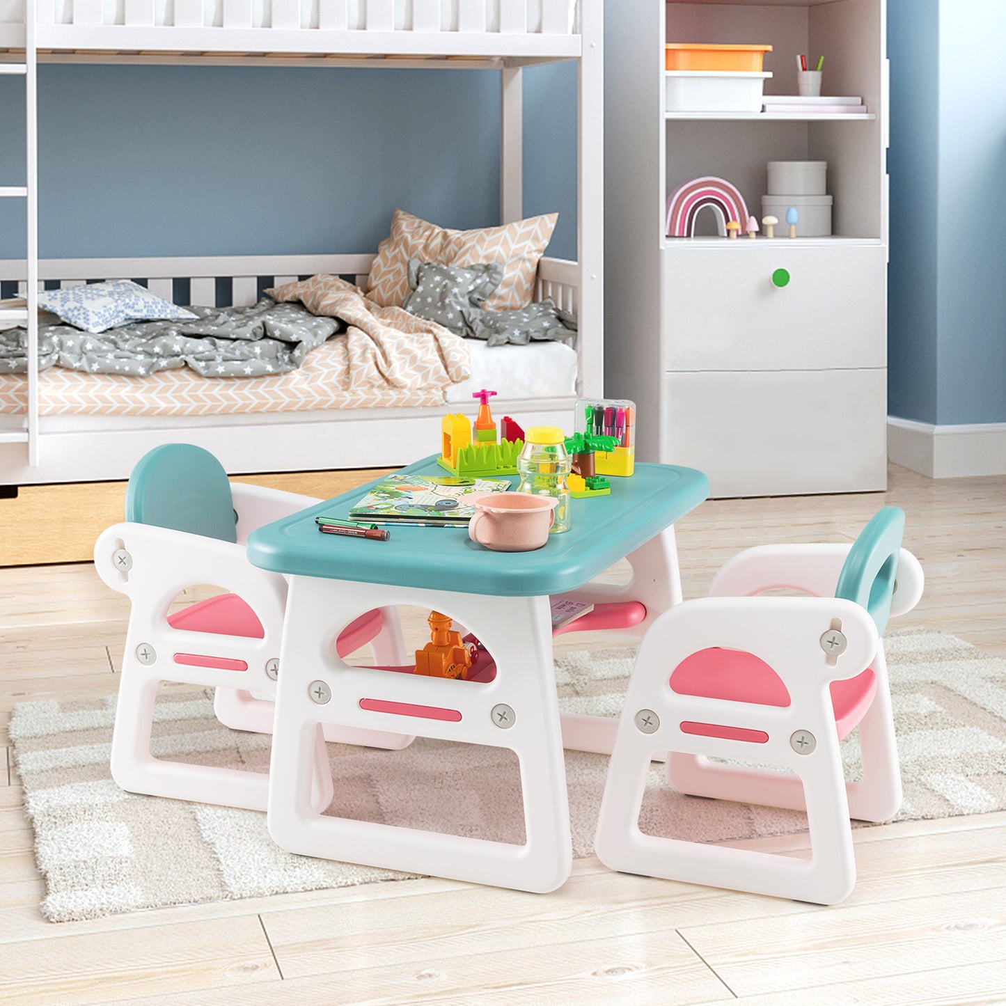 Costway Kids Table and Chairs Set with 2 Chairs for Kids-Blue