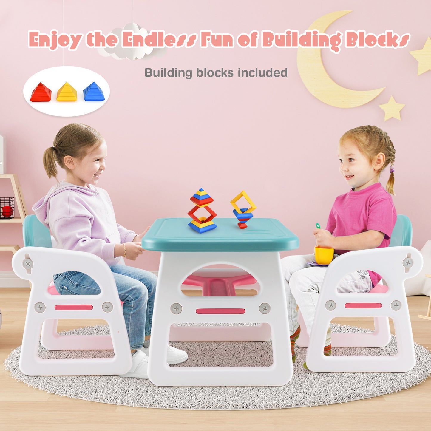 Blue Kids Table & 2 Chairs Set | Spacious Desk with Storage
