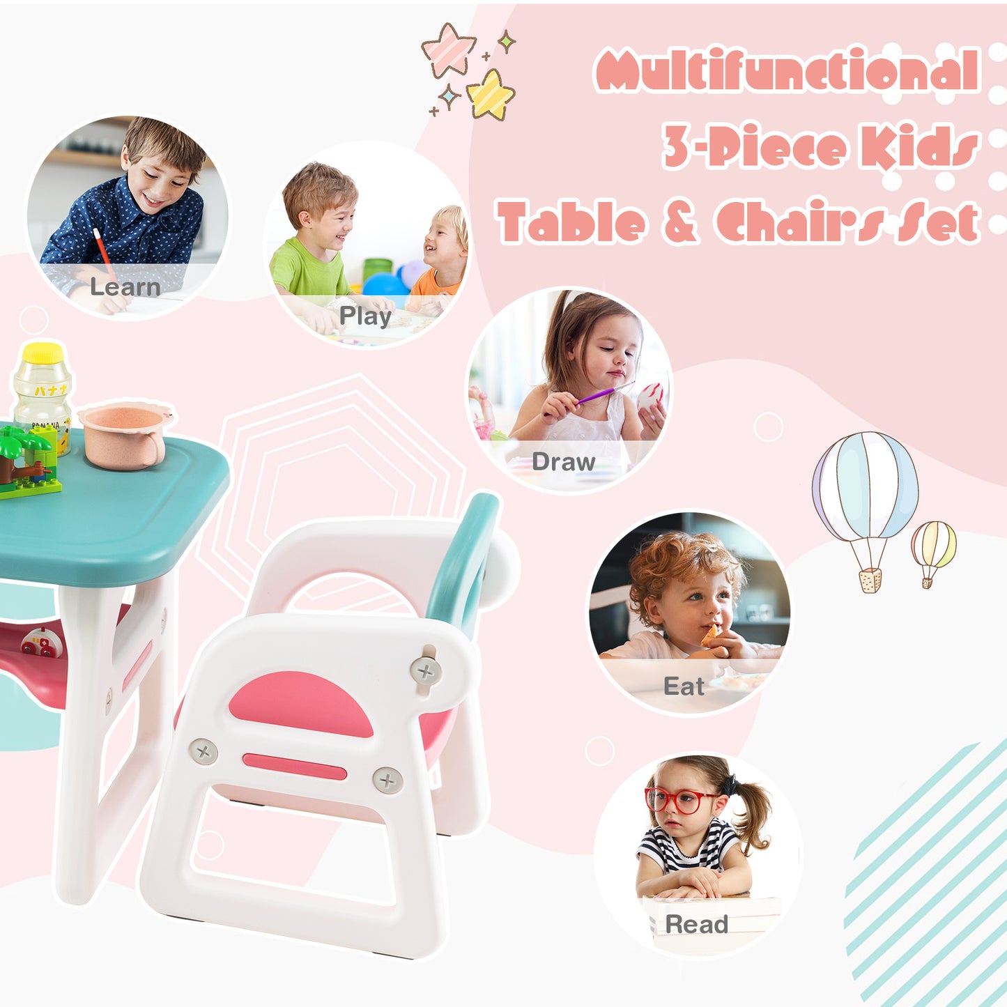 Blue Kids Table & 2 Chairs Set | Spacious Desk with Storage