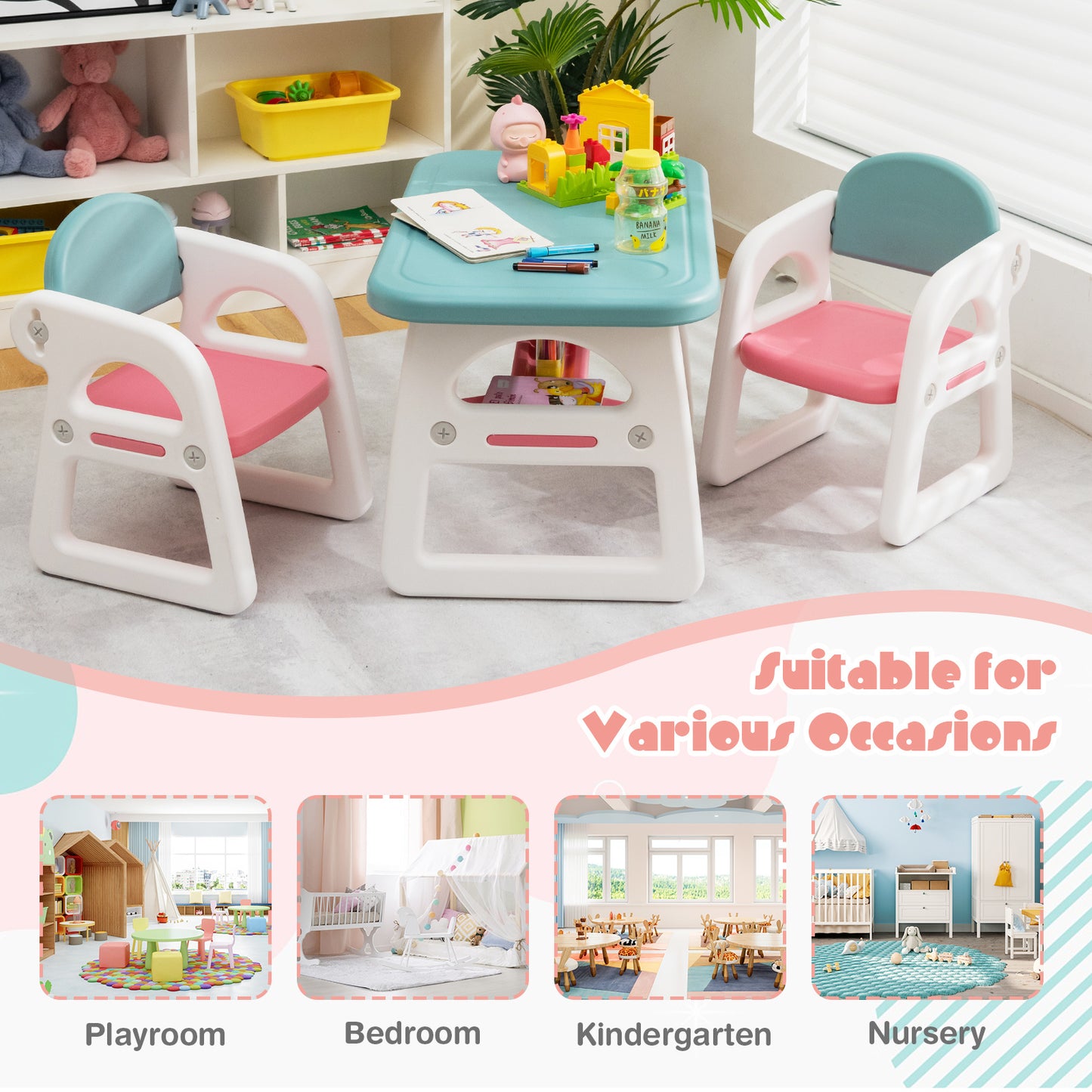 Blue Kids Table & 2 Chairs Set | Spacious Desk with Storage