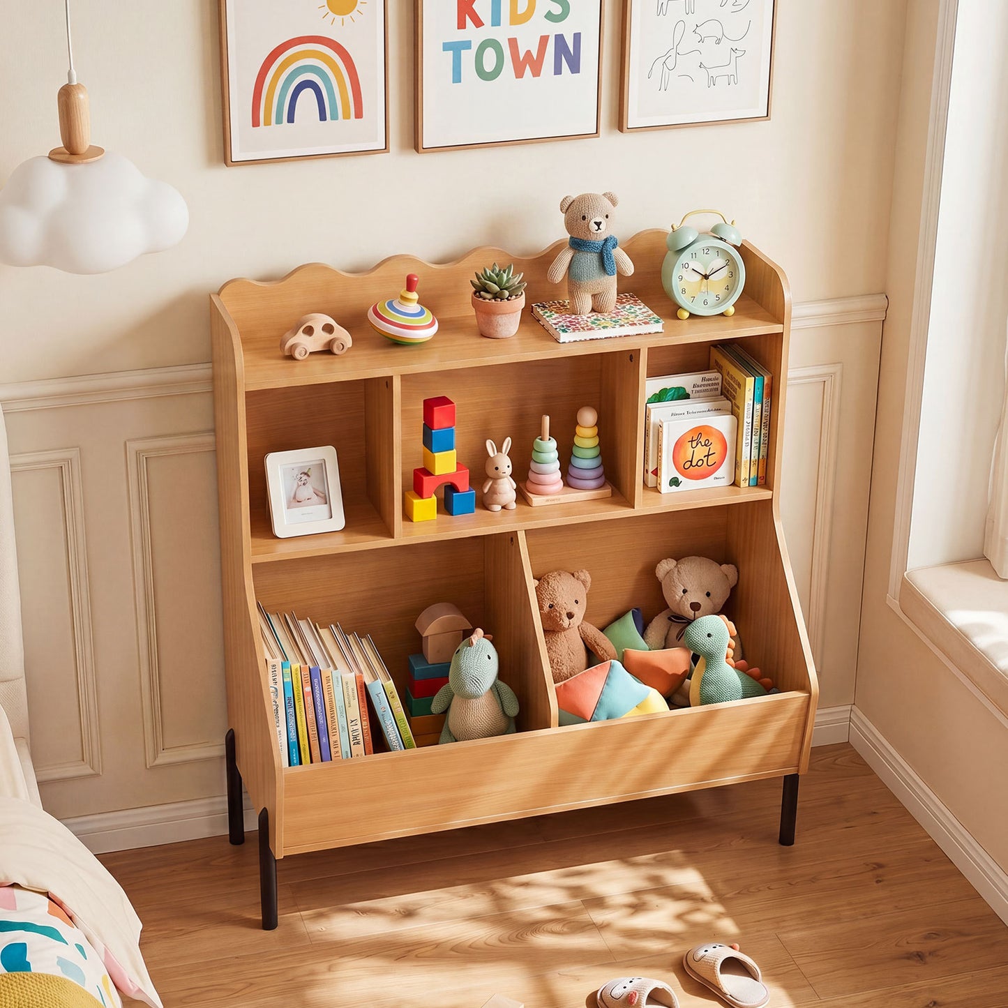 Costway Kids Toy Storage Organizer and 3-Tier Bookcase Montessori Bookshelf-Natural