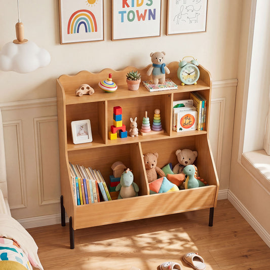 Costway Kids Toy Storage Organizer and 3-Tier Bookcase Montessori Bookshelf-Natural