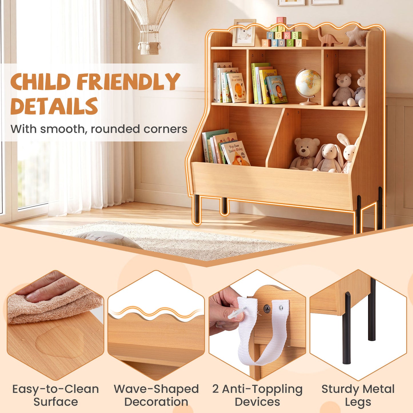Kids Natural Toy Storage Organizer | 3 Tier Montessori Bookshelf