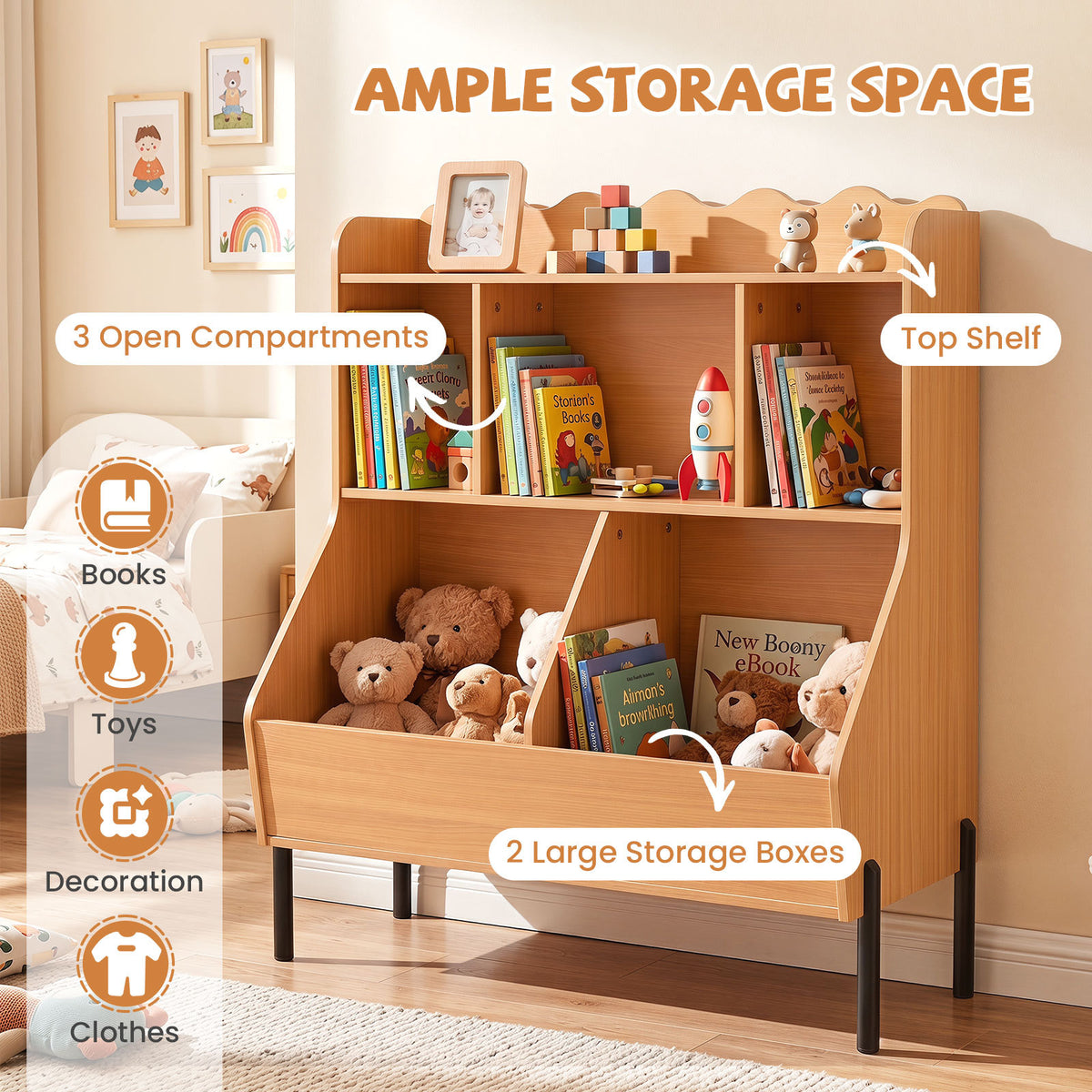 Kids Natural Toy Storage Organizer | 3 Tier Montessori Bookshelf