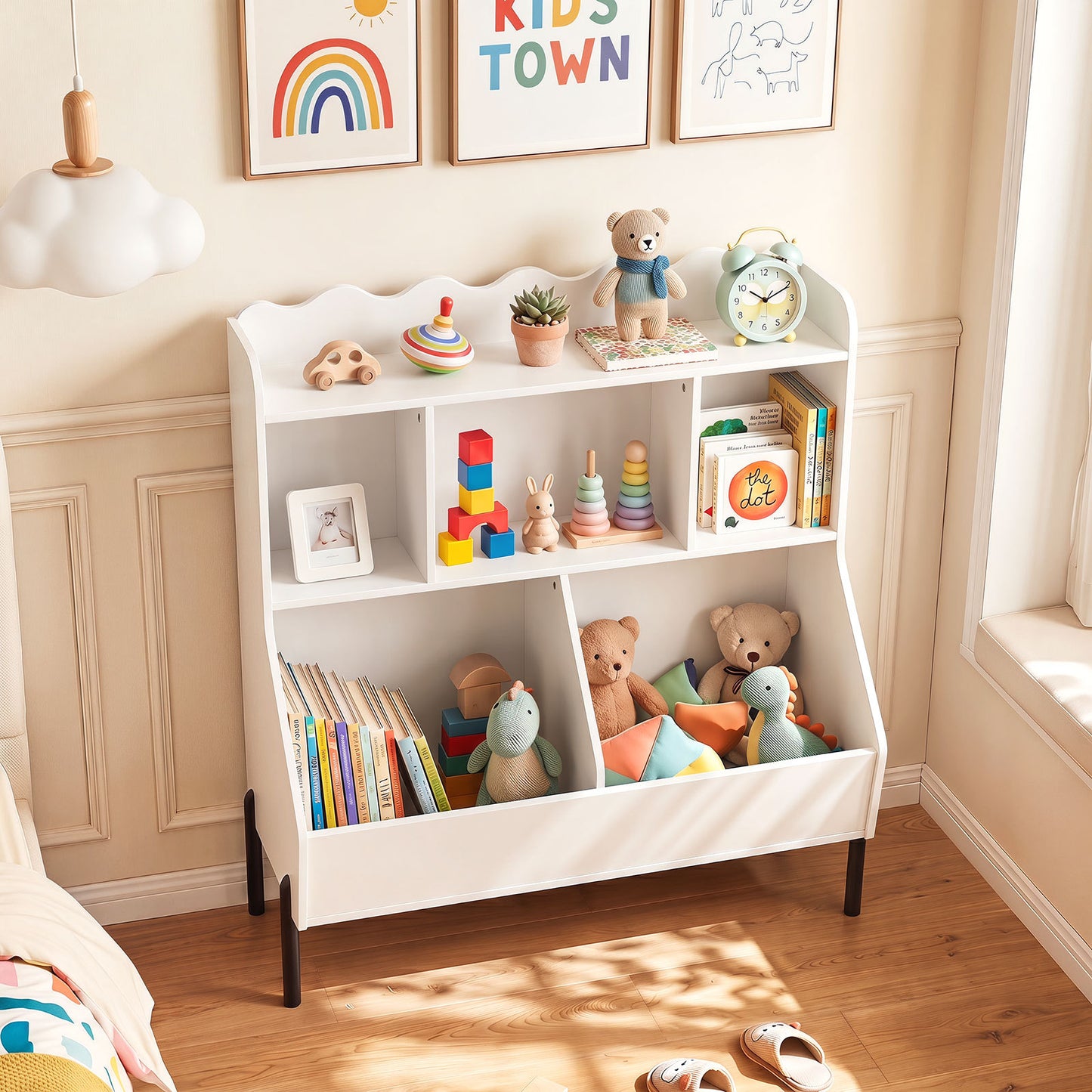 Costway Kids Toy Storage Organizer and 3-Tier Bookcase Montessori Bookshelf-White