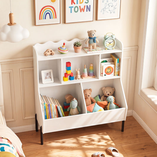 Costway Kids Toy Storage Organizer and 3-Tier Bookcase Montessori Bookshelf-White