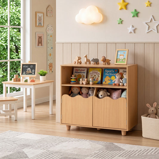 Costway Kids Toy Storage Organizer with Top Surface and 2-Door Cabinet for Bedroom-Natrual
