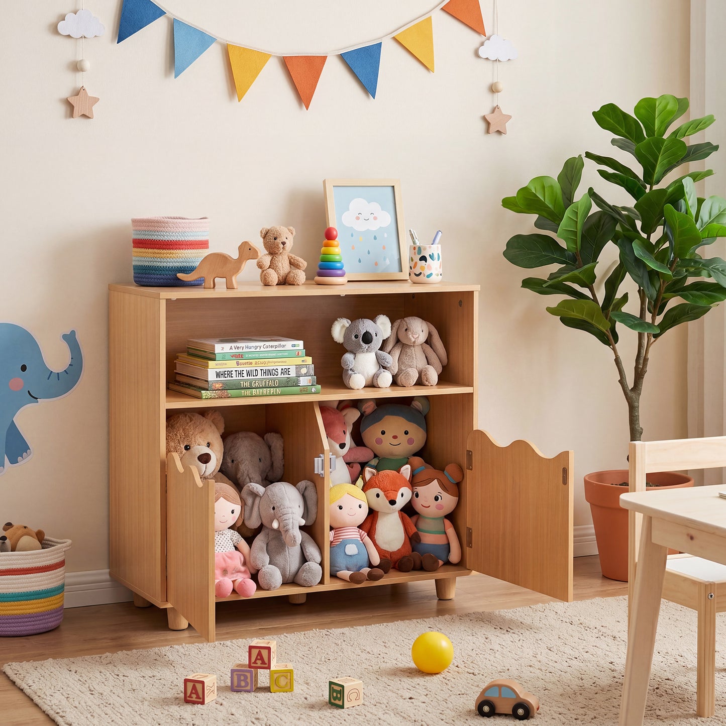 Kids Toy Storage Organizer | 2-Door Cabinet & Top Surface Natural