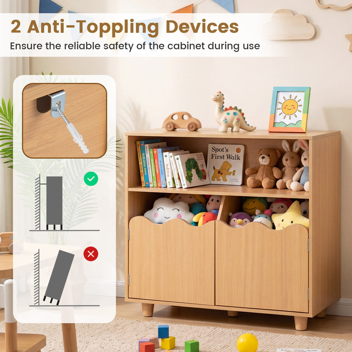 Kids Toy Storage Organizer | 2-Door Cabinet & Top Surface Natural